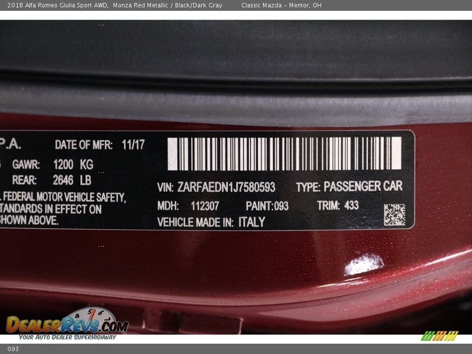 Alfa Romeo Color Code 093 Monza Red Metallic