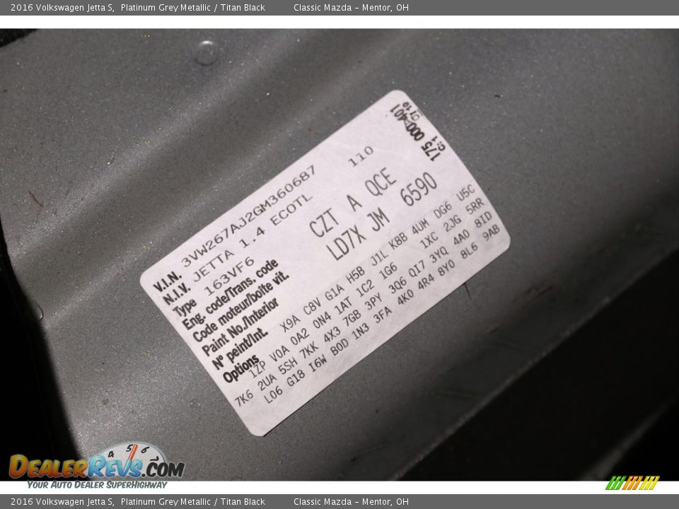 2016 Volkswagen Jetta S Platinum Grey Metallic / Titan Black Photo #19