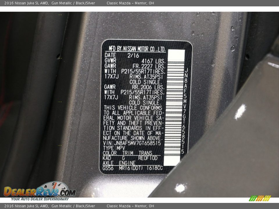 2016 Nissan Juke SL AWD Gun Metallic / Black/Silver Photo #23