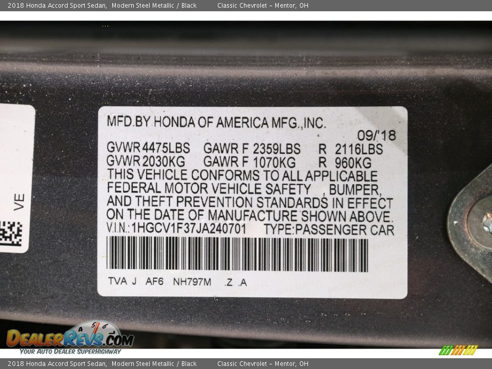2018 Honda Accord Sport Sedan Modern Steel Metallic / Black Photo #21