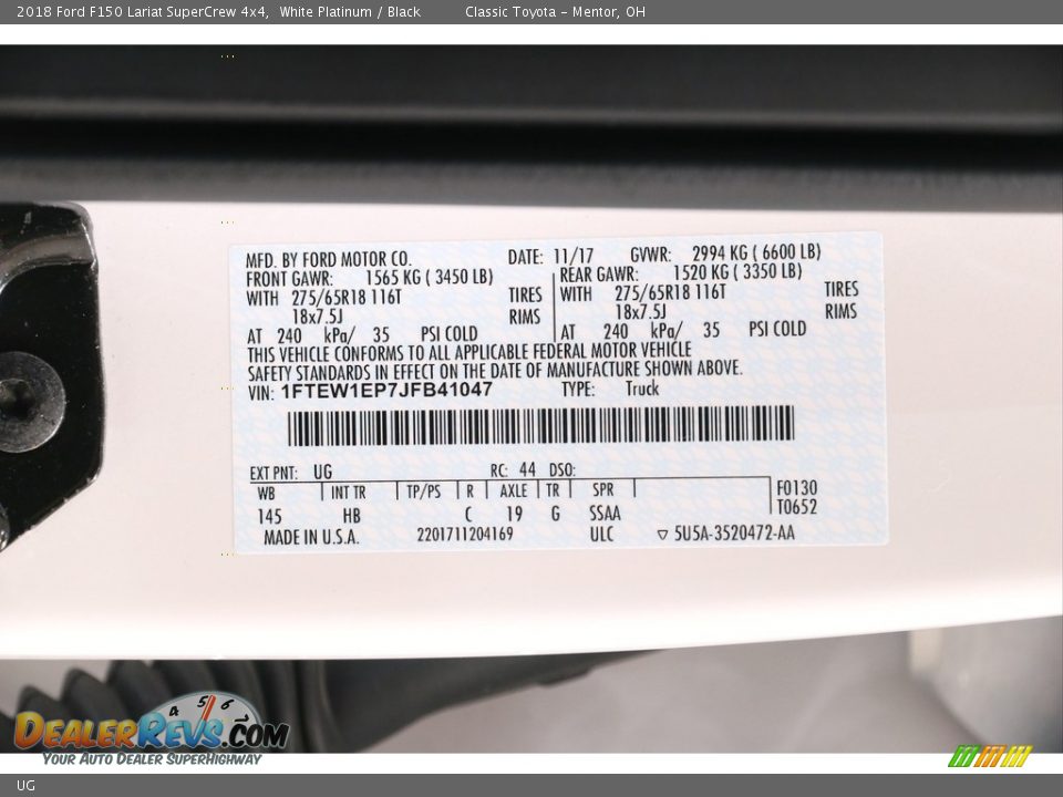 Ford Color Code UG White Platinum