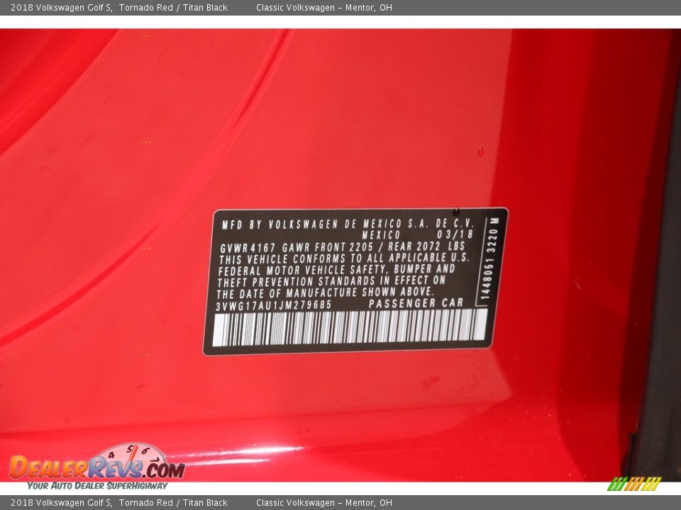 2018 Volkswagen Golf S Tornado Red / Titan Black Photo #19