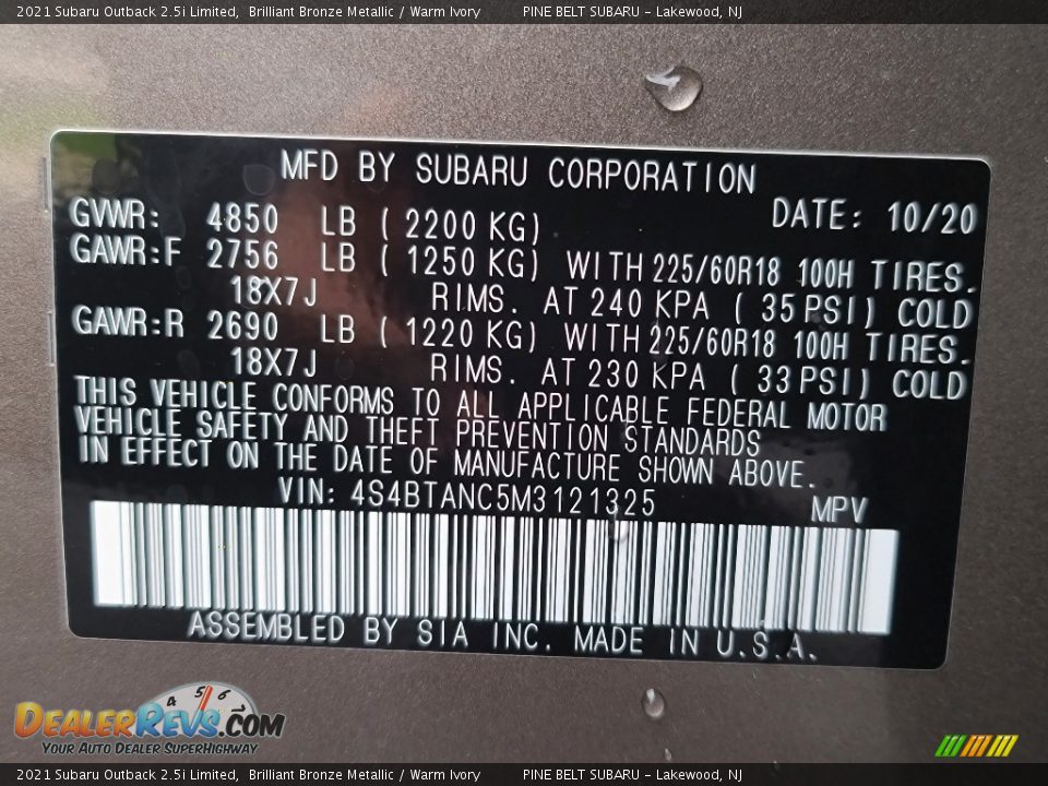 2021 Subaru Outback 2.5i Limited Brilliant Bronze Metallic / Warm Ivory Photo #15
