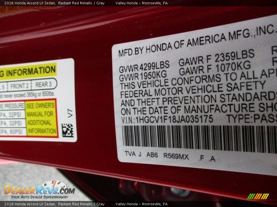 2018 Honda Accord LX Sedan Radiant Red Metallic / Gray Photo #19