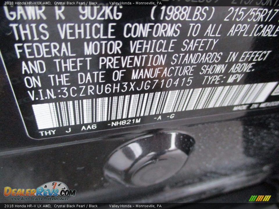 2018 Honda HR-V LX AWD Crystal Black Pearl / Black Photo #19