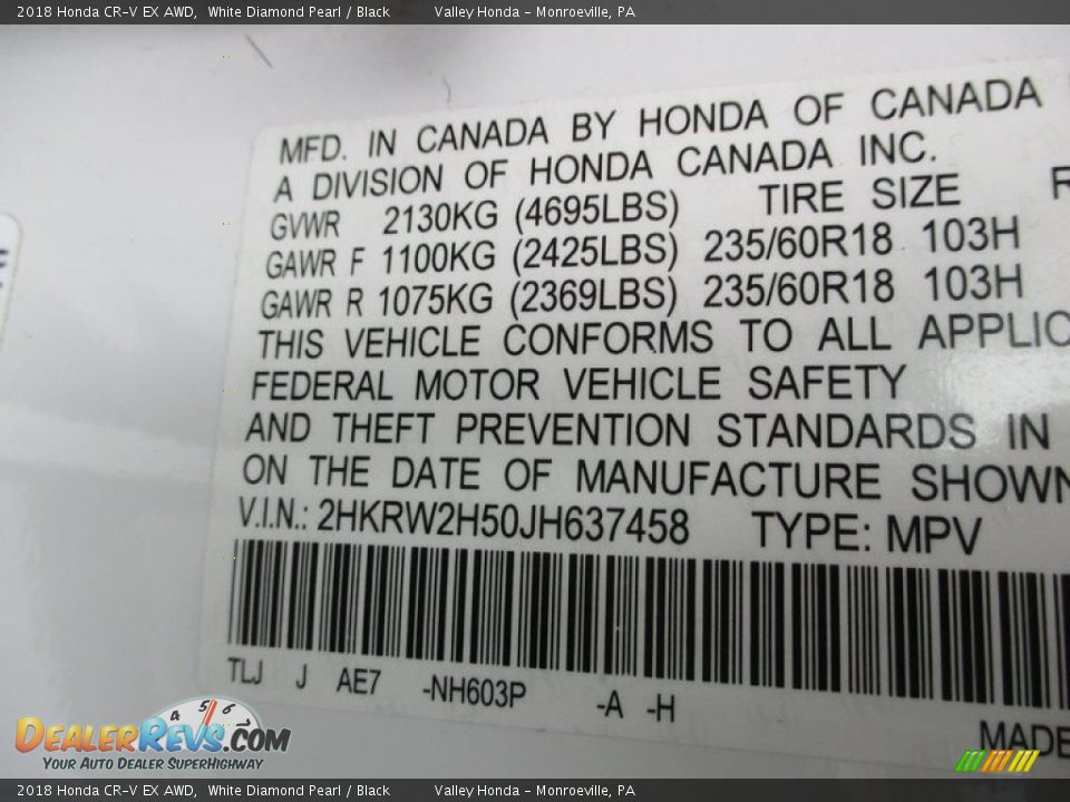 2018 Honda CR-V EX AWD White Diamond Pearl / Black Photo #19