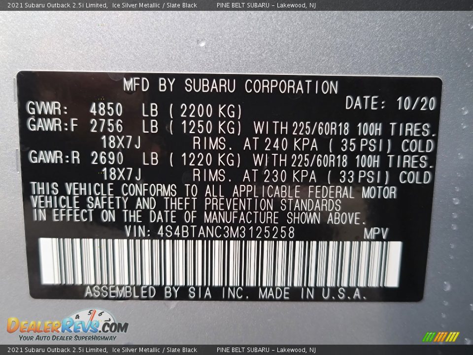 2021 Subaru Outback 2.5i Limited Ice Silver Metallic / Slate Black Photo #15