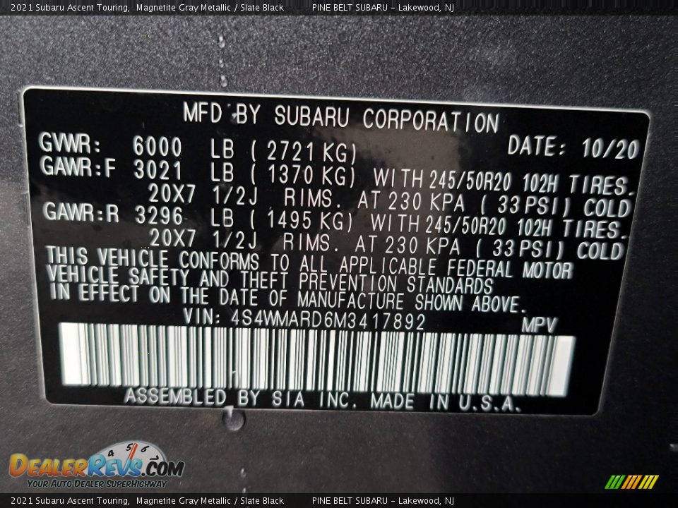 2021 Subaru Ascent Touring Magnetite Gray Metallic / Slate Black Photo #15