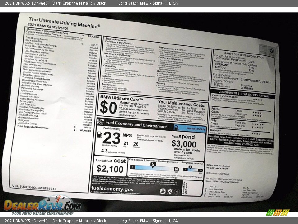 2021 BMW X5 sDrive40i Window Sticker Photo #17