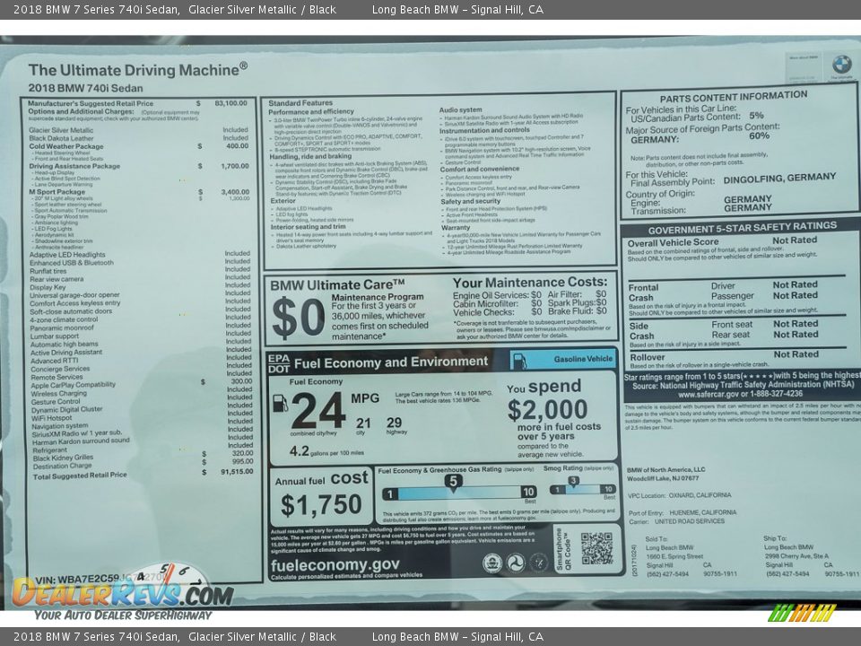 2018 BMW 7 Series 740i Sedan Window Sticker Photo #10