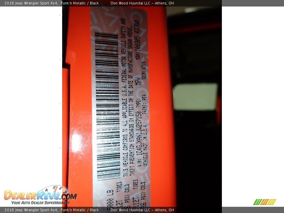 2018 Jeep Wrangler Sport 4x4 Punk'n Metallic / Black Photo #29