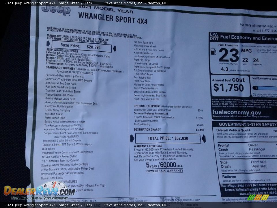 2021 Jeep Wrangler Sport 4x4 Window Sticker Photo #26