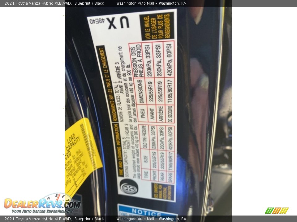 Info Tag of 2021 Toyota Venza Hybrid XLE AWD Photo #32