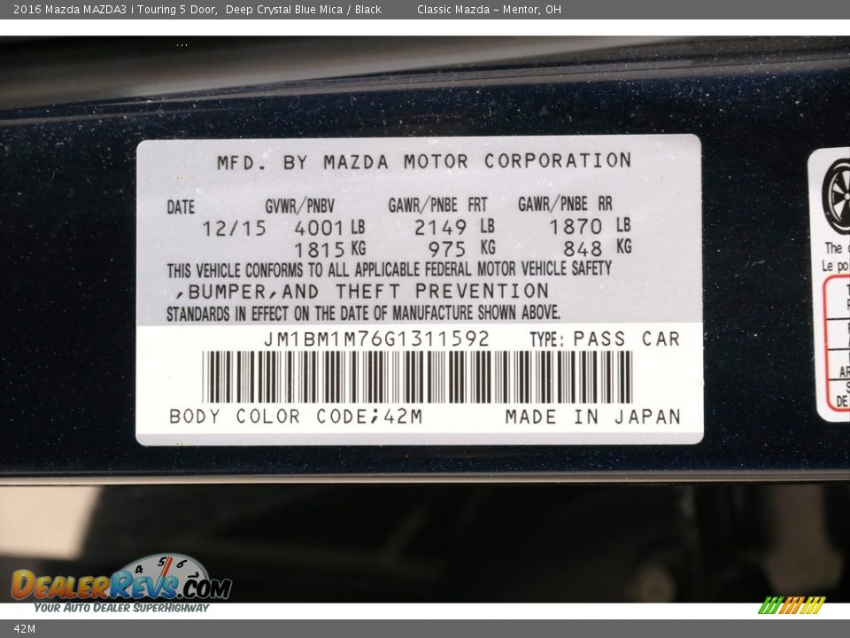 Mazda Color Code 42M Deep Crystal Blue Mica