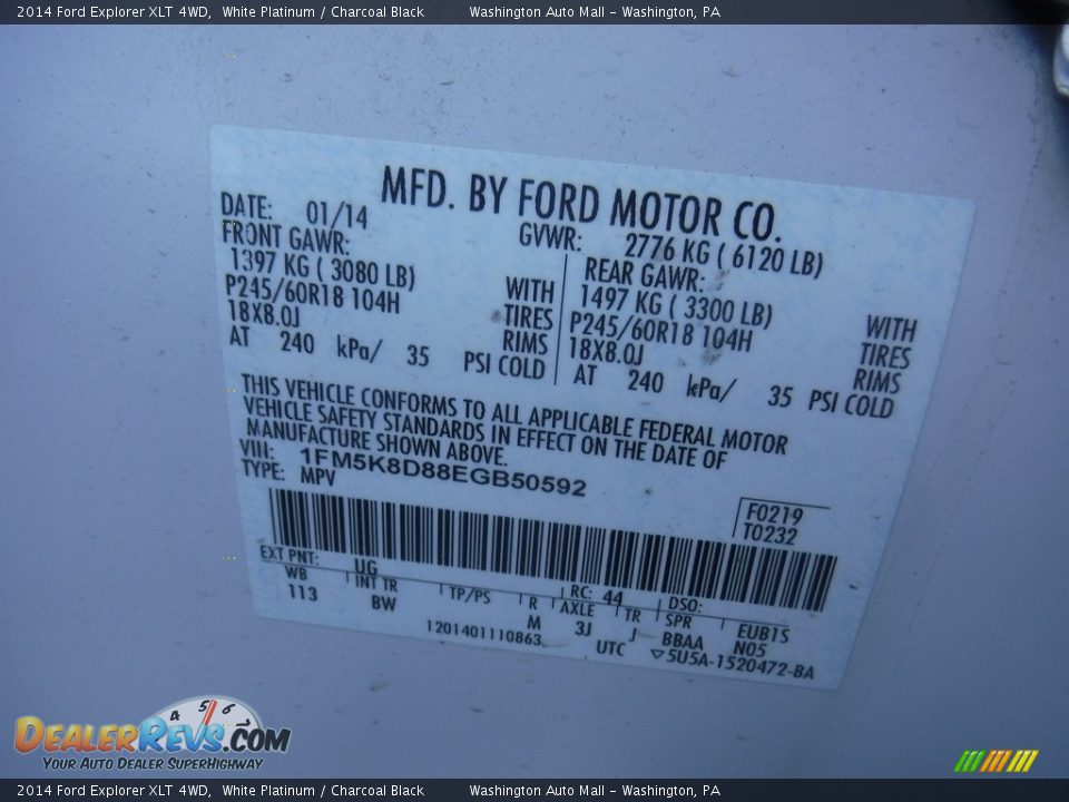 2014 Ford Explorer XLT 4WD White Platinum / Charcoal Black Photo #27