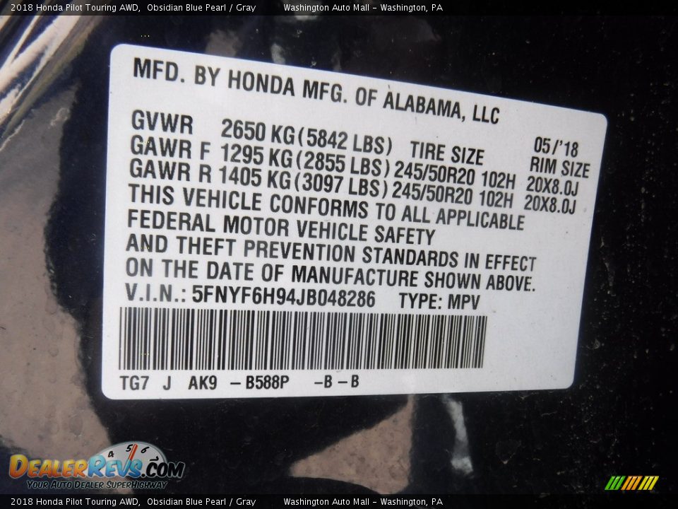 2018 Honda Pilot Touring AWD Obsidian Blue Pearl / Gray Photo #31