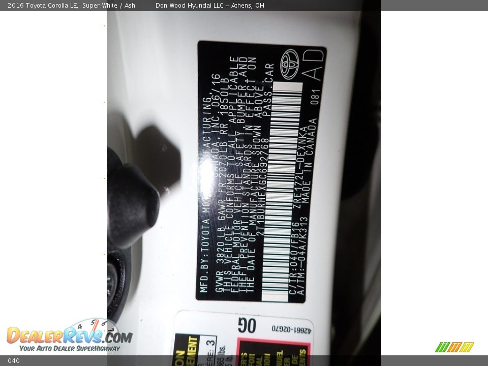 Toyota Color Code 040 Super White