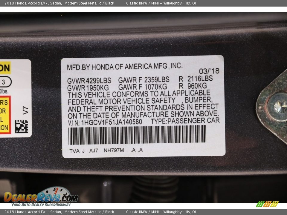 2018 Honda Accord EX-L Sedan Modern Steel Metallic / Black Photo #30