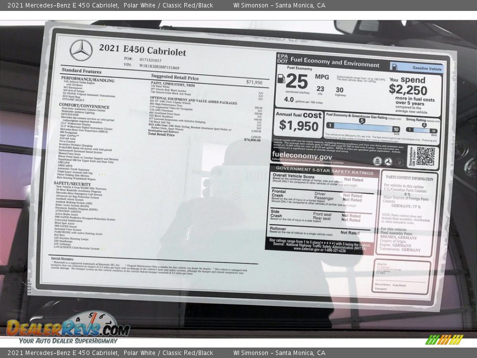 2021 Mercedes-Benz E 450 Cabriolet Window Sticker Photo #10