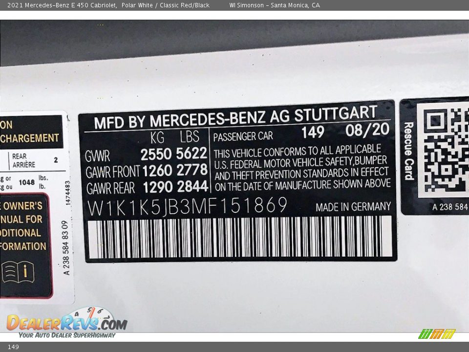 Mercedes-Benz Color Code 149 Polar White