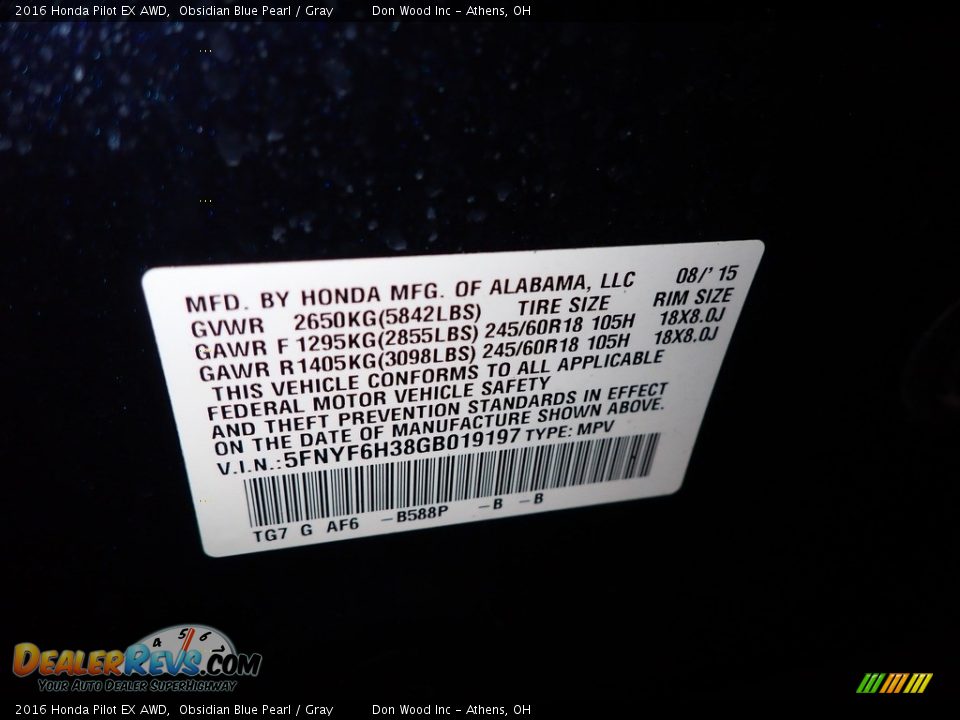 2016 Honda Pilot EX AWD Obsidian Blue Pearl / Gray Photo #32