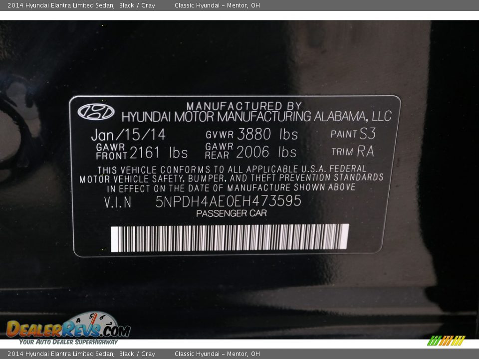 2014 Hyundai Elantra Limited Sedan Black / Gray Photo #24