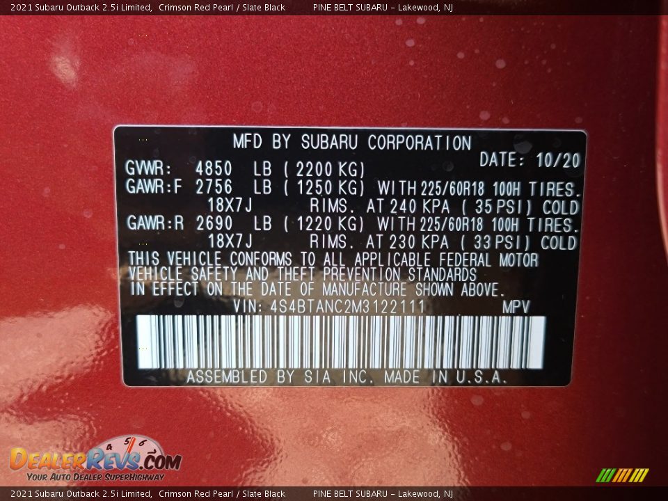 2021 Subaru Outback 2.5i Limited Crimson Red Pearl / Slate Black Photo #15