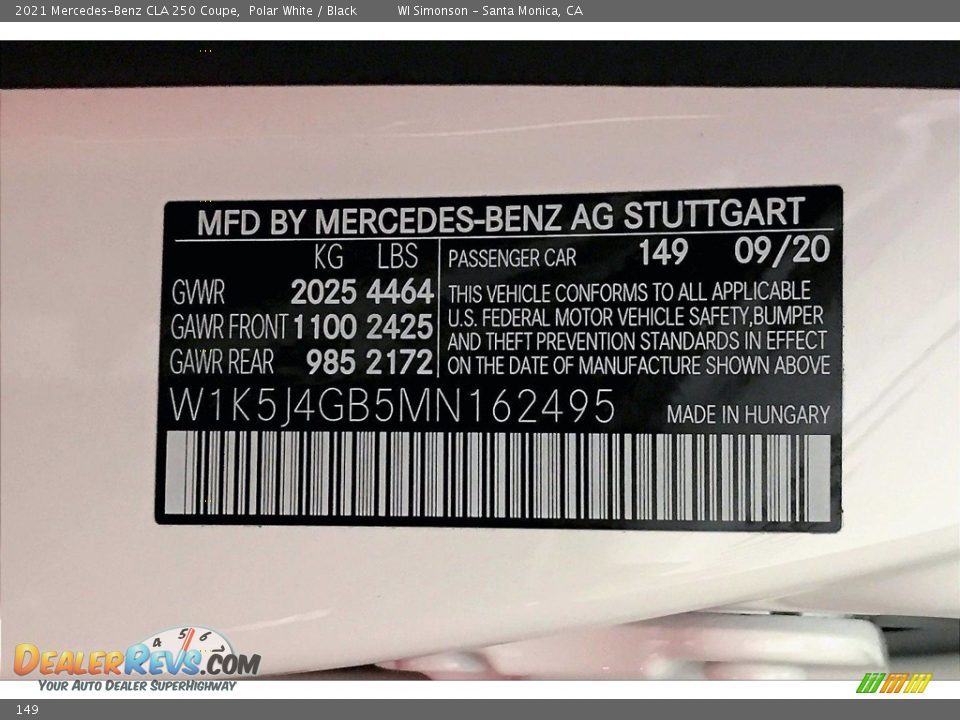 Mercedes-Benz Color Code 149 Polar White