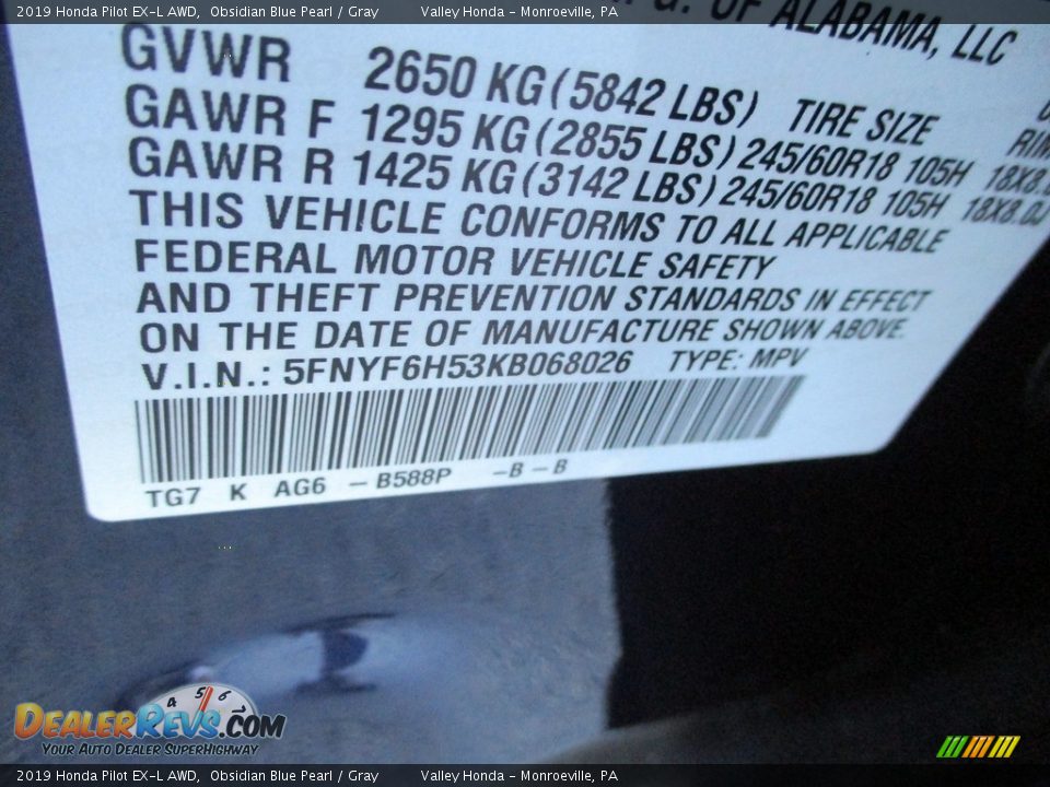 2019 Honda Pilot EX-L AWD Obsidian Blue Pearl / Gray Photo #19