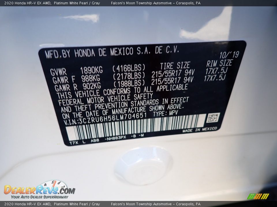 2020 Honda HR-V EX AWD Platinum White Pearl / Gray Photo #13