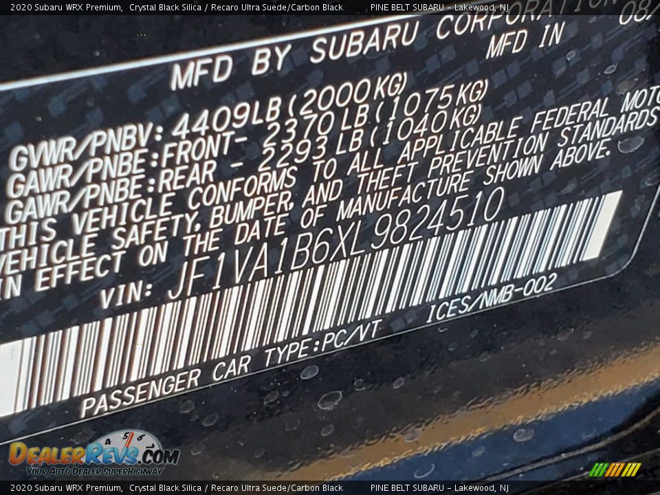 2020 Subaru WRX Premium Crystal Black Silica / Recaro Ultra Suede/Carbon Black Photo #14