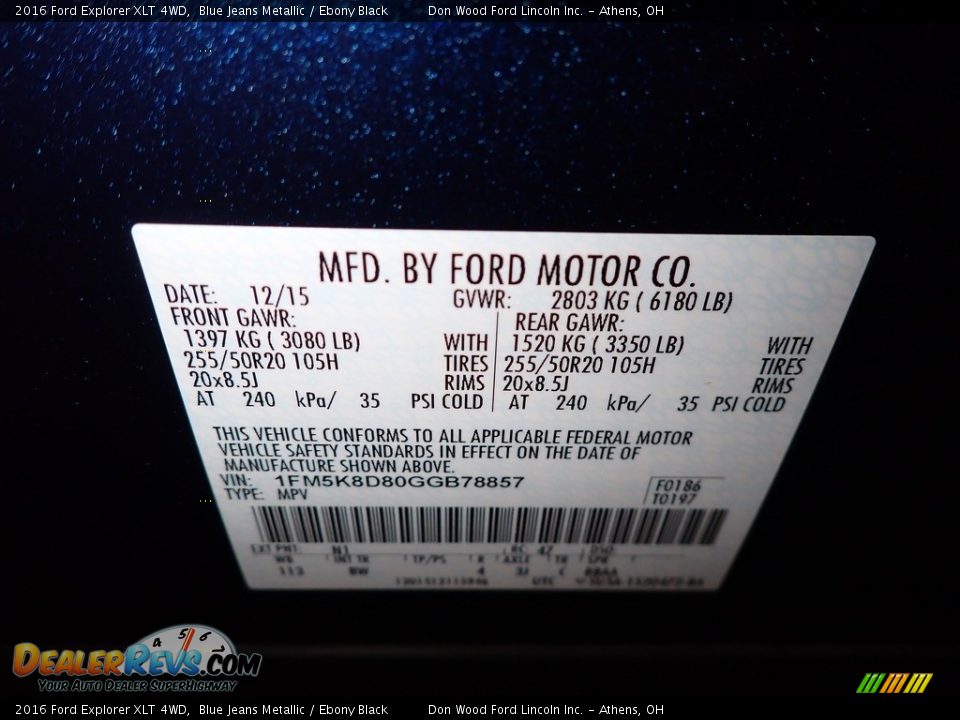 2016 Ford Explorer XLT 4WD Blue Jeans Metallic / Ebony Black Photo #36