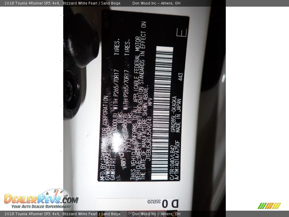 2018 Toyota 4Runner SR5 4x4 Blizzard White Pearl / Sand Beige Photo #35