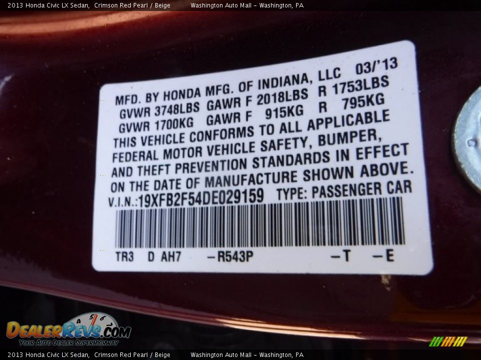 2013 Honda Civic LX Sedan Crimson Red Pearl / Beige Photo #25