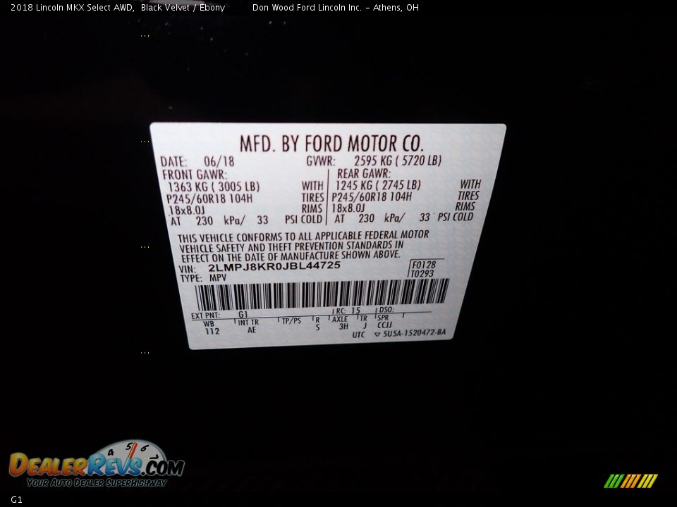 Lincoln Color Code G1 Black Velvet