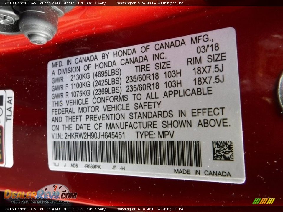 2018 Honda CR-V Touring AWD Molten Lava Pearl / Ivory Photo #29