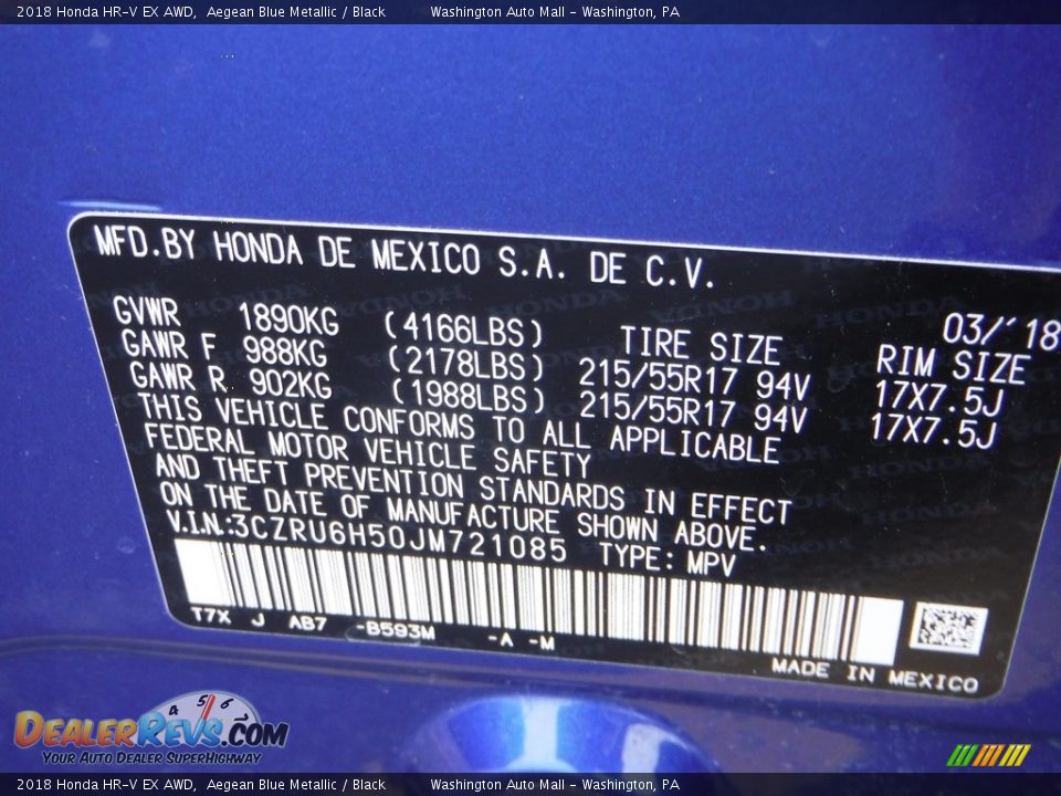 2018 Honda HR-V EX AWD Aegean Blue Metallic / Black Photo #31