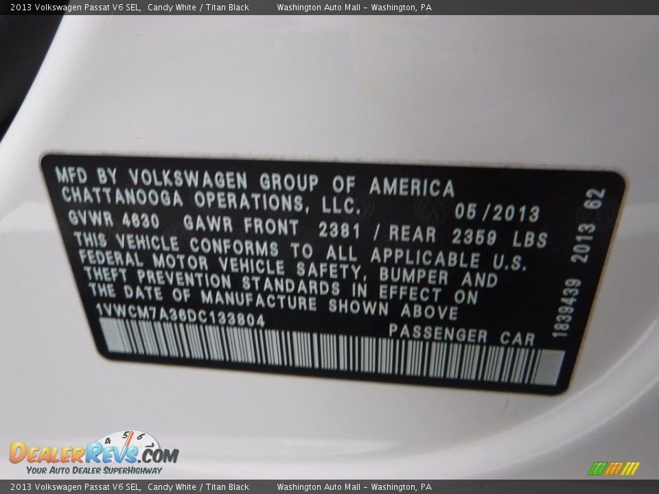 2013 Volkswagen Passat V6 SEL Candy White / Titan Black Photo #26