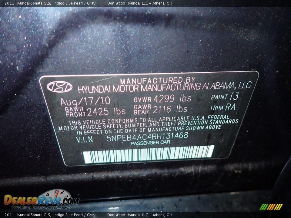 2011 Hyundai Sonata GLS Indigo Blue Pearl / Gray Photo #33
