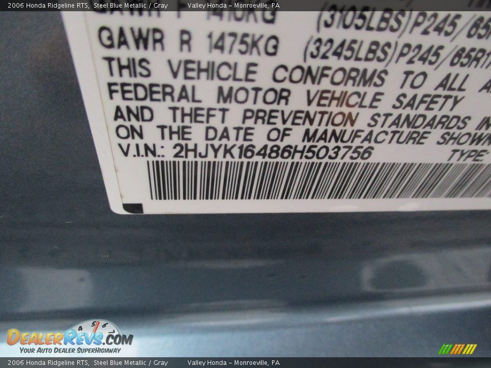 2006 Honda Ridgeline RTS Steel Blue Metallic / Gray Photo #19