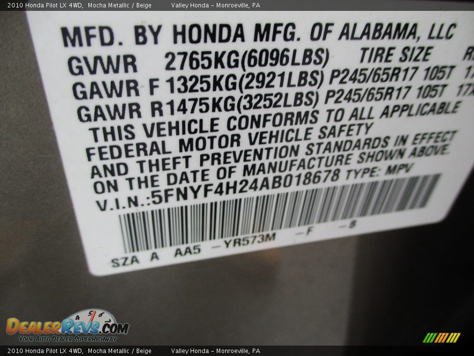2010 Honda Pilot LX 4WD Mocha Metallic / Beige Photo #19