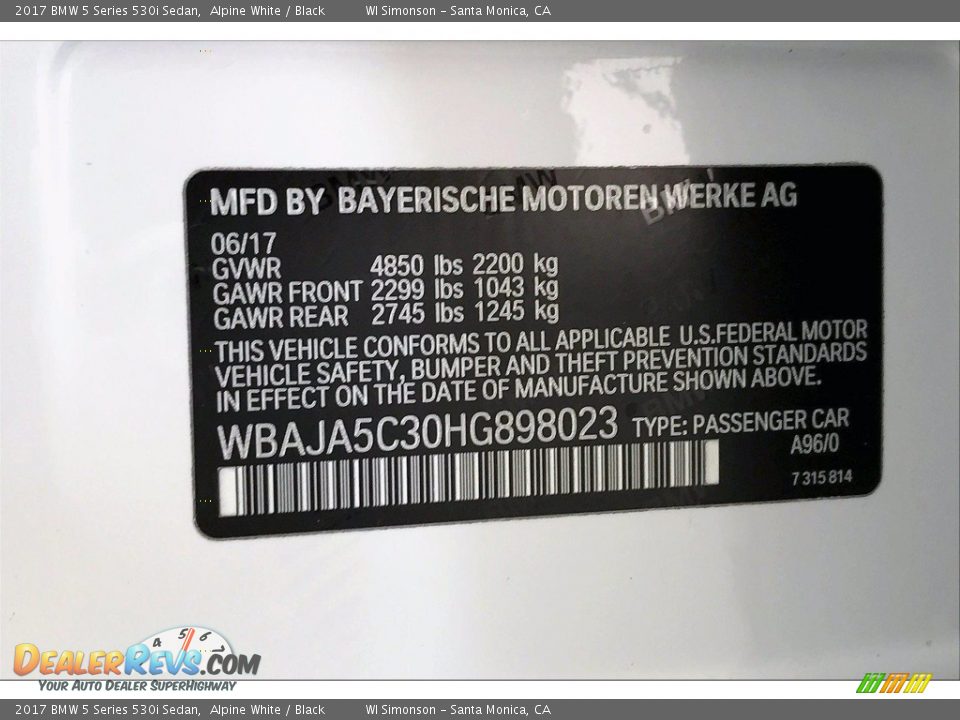 2017 BMW 5 Series 530i Sedan Alpine White / Black Photo #32