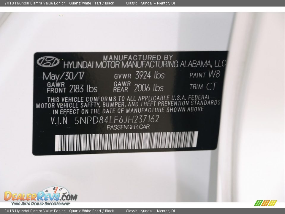 2018 Hyundai Elantra Value Edition Quartz White Pearl / Black Photo #22