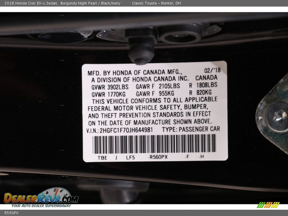 Honda Color Code R560PX Burgundy Night Pearl