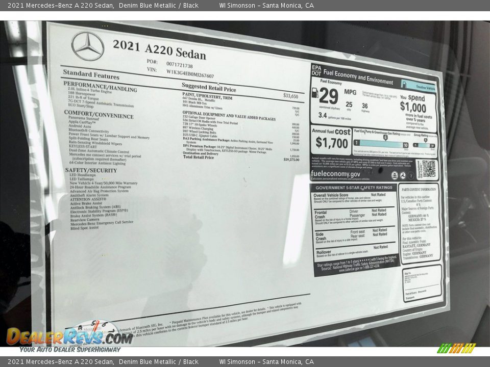 2021 Mercedes-Benz A 220 Sedan Window Sticker Photo #10