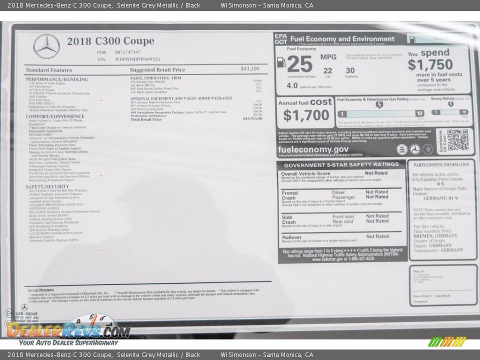 2018 Mercedes-Benz C 300 Coupe Selenite Grey Metallic / Black Photo #11