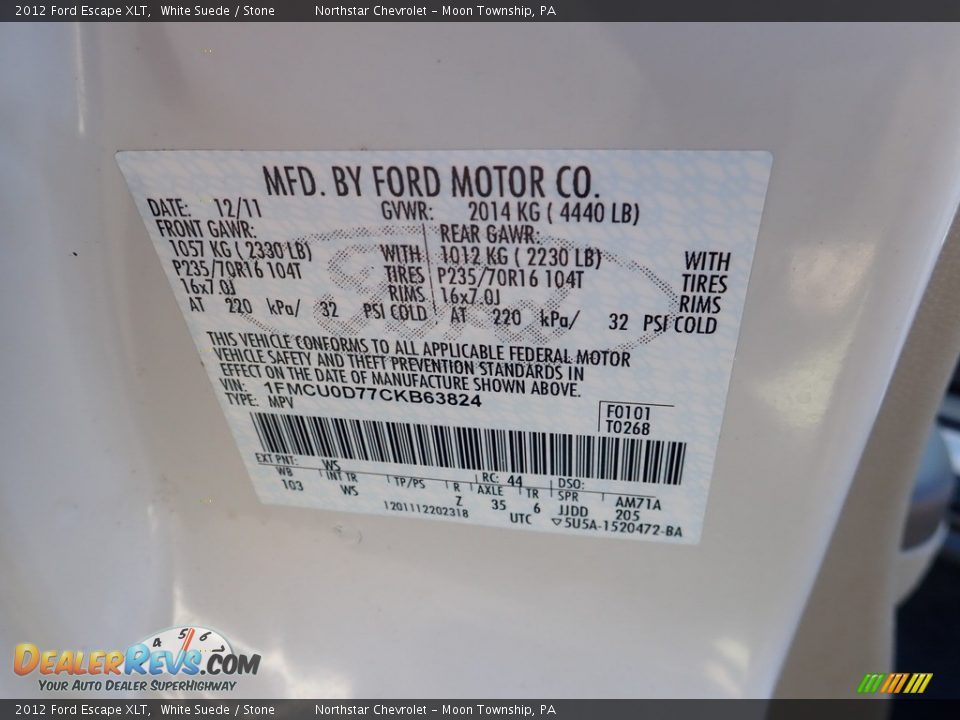 2012 Ford Escape XLT White Suede / Stone Photo #14