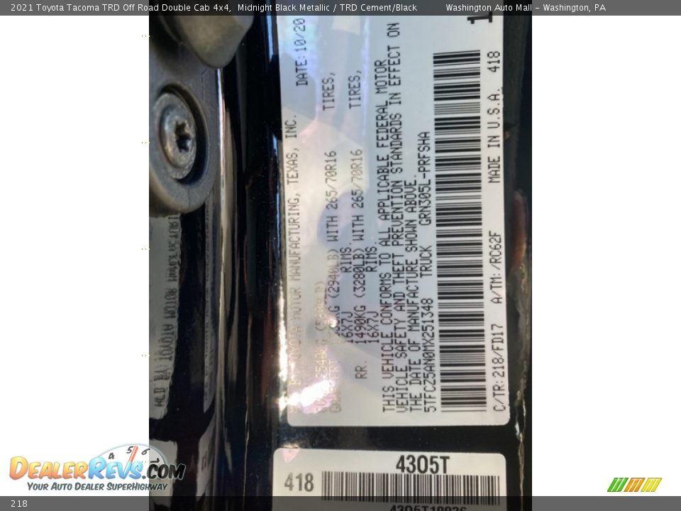 Toyota Color Code 218 Midnight Black Metallic