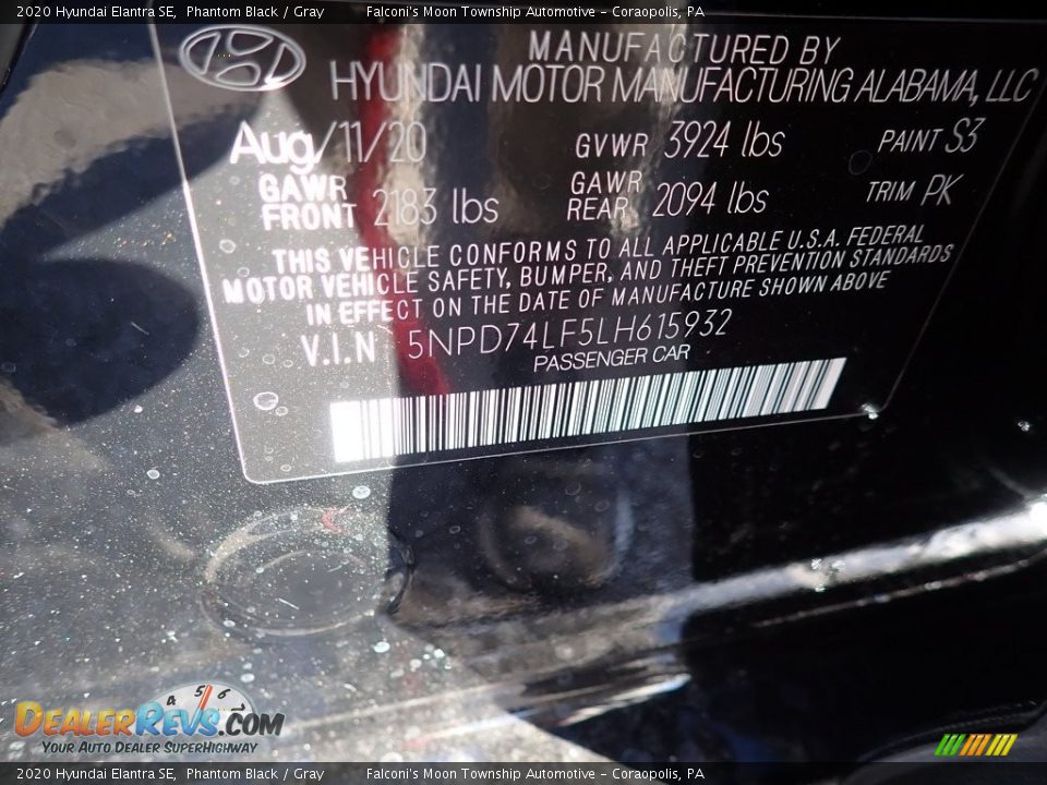 2020 Hyundai Elantra SE Phantom Black / Gray Photo #11