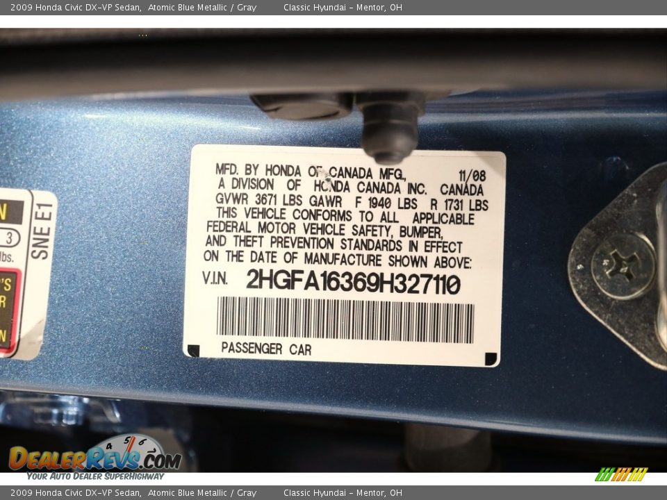 2009 Honda Civic DX-VP Sedan Atomic Blue Metallic / Gray Photo #18